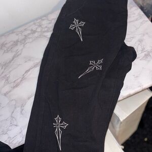 Black Pants with White Cross Embroidery
